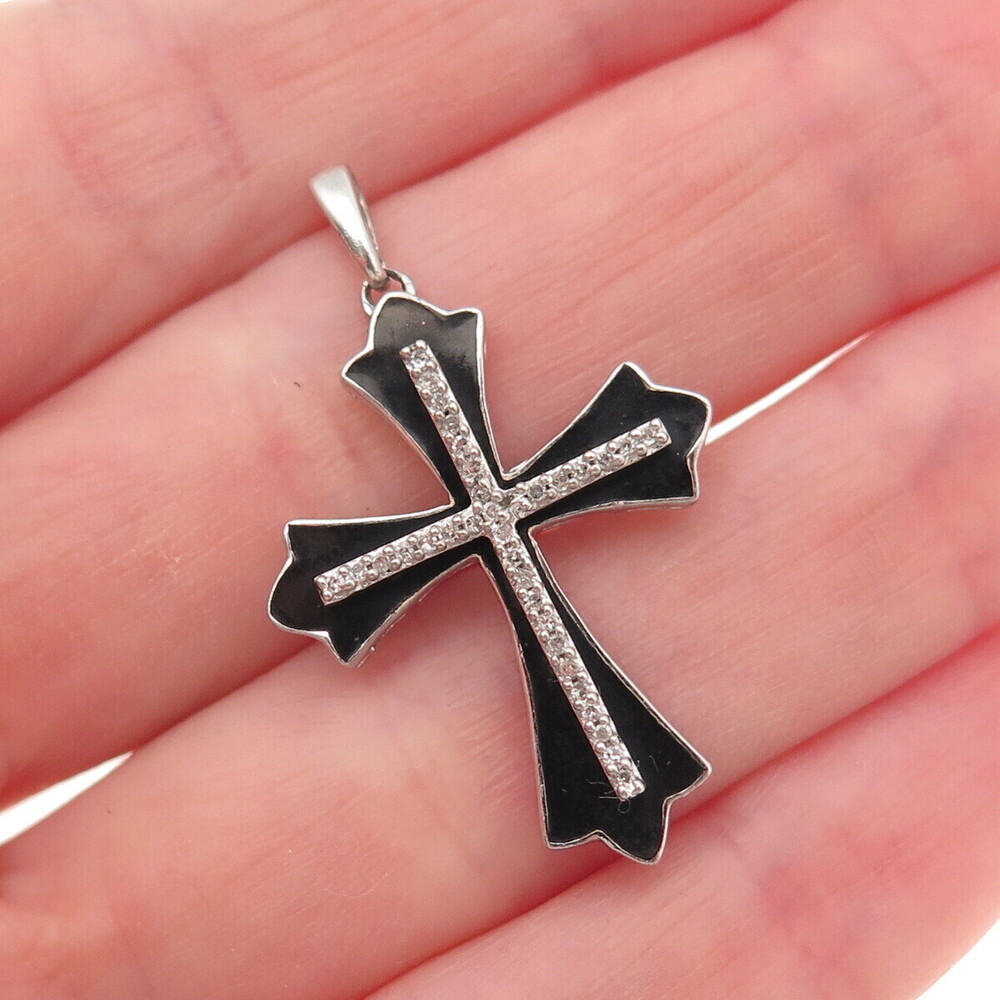 Jane Seymour 925 Sterling Silver Enamel Real Round-Cut Diamond Cross Pendant